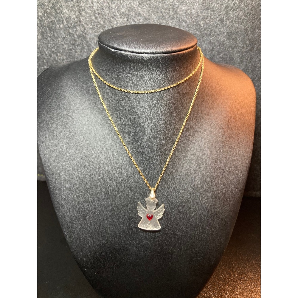 Vintage NR Gold Tone 22"‎ Necklace Frosted Glass Angel Pendant Red Heart Xmas
